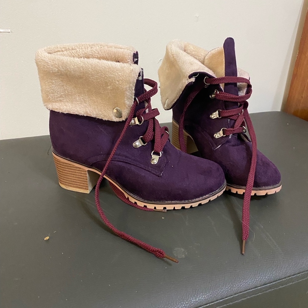 Stylish Purple and Tan Lace-Up Boots